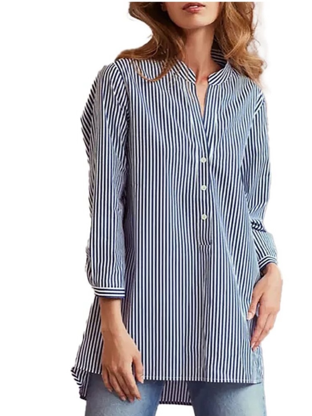 Harshman LA Navy Blue White Striped Derrington Tunic 100% Cotton Blouse Top S